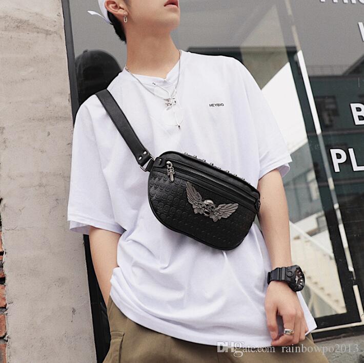 

Factory wholesale brand men handbag rivet punk shoulder bag street cool ghost head decoration mens chest bags outdoor leather leisure pockets, Black