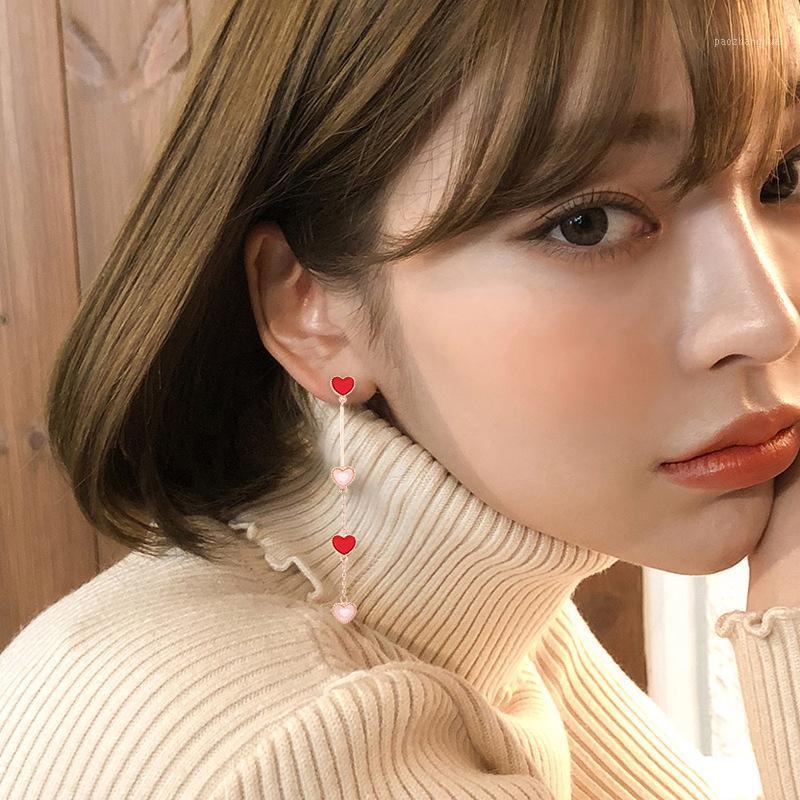 

Fashion Sweet Lovely Girl Temperament Earrings For Women Irregularity Red Heart Long Drop Korean Style Dangle & Chandelier, Silver