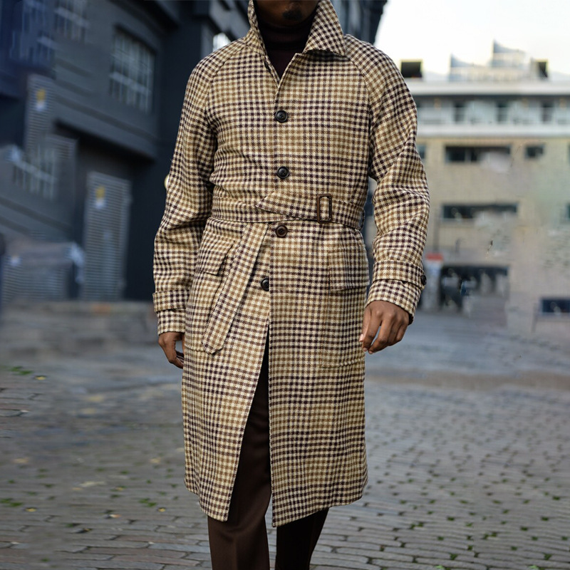 

Men's Mid-length Lace Up Coat, Streetwear, Wool, Casual, Checkered, Fashionable, Fall / Winter 2021 Collection, Black