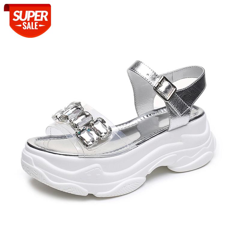 

Rhinestone Fish Mouth Sandals Female Muffin Thick Bottom Sandals Wild Flat Bottom Outdoor Buckle Crystal Sandal Woman #1887, Black