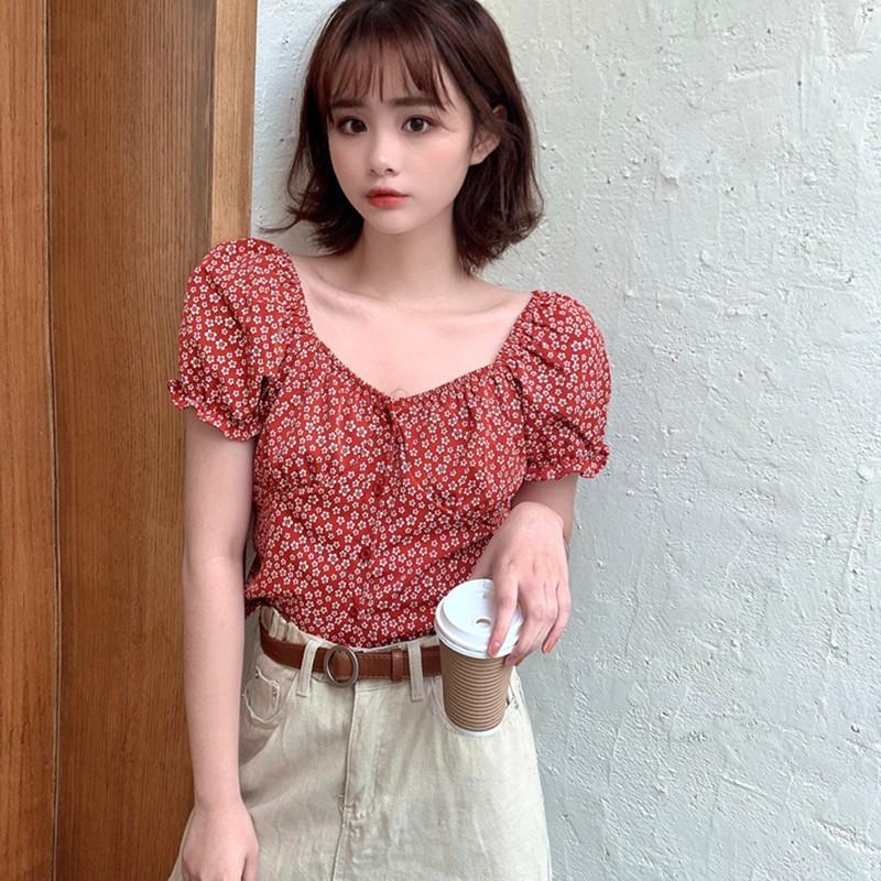 

Women's Blouses & Shirts Summer Girls Slash Neck Sexy Pleated Tops Small Floral Print Short Chiffon Shirt Blusas Mujer De Moda, White