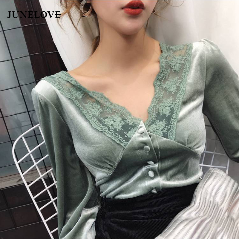JuneLove Elegant Women Long Sleeve Velvet Blouse Spring Autumn Lady V-neck Lace Tops Female Solid Vintage Backless Botton Shirts 210225Z