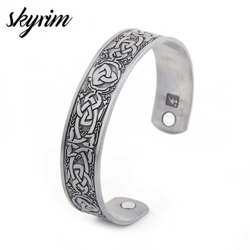 

Skyrim Viking Celtics Irish Trinity Knot Bangle Dragon Claw Magnetic Health Adjustable Antique Silvery Bracelets for Men Women Q0719