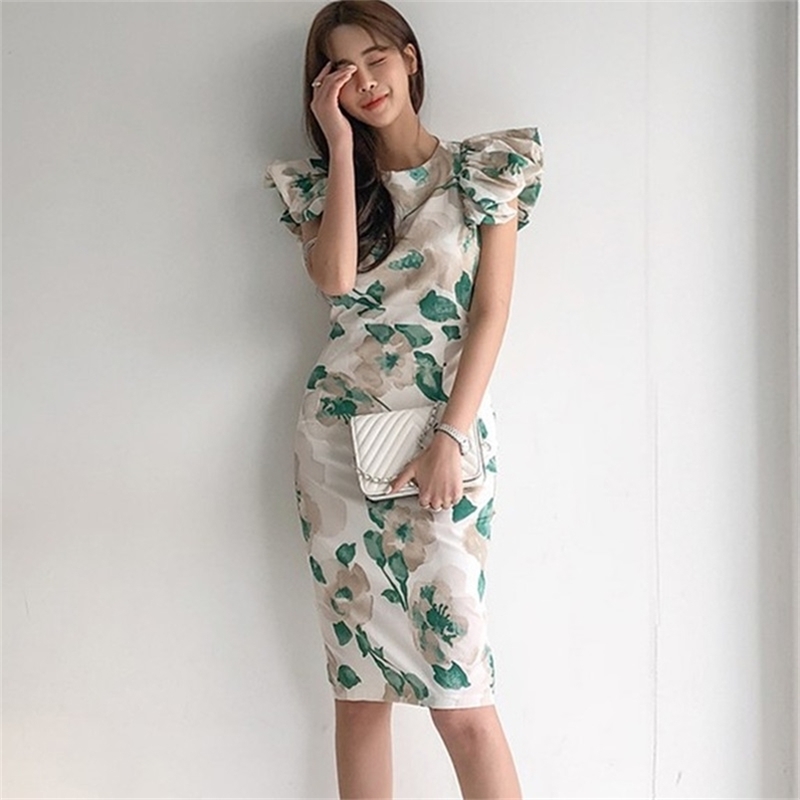 

High Quality Summer Women Lace Print Pleated Dresses Butterfly Sleeve Stand Party Dress Vestidos 210603, Picture color