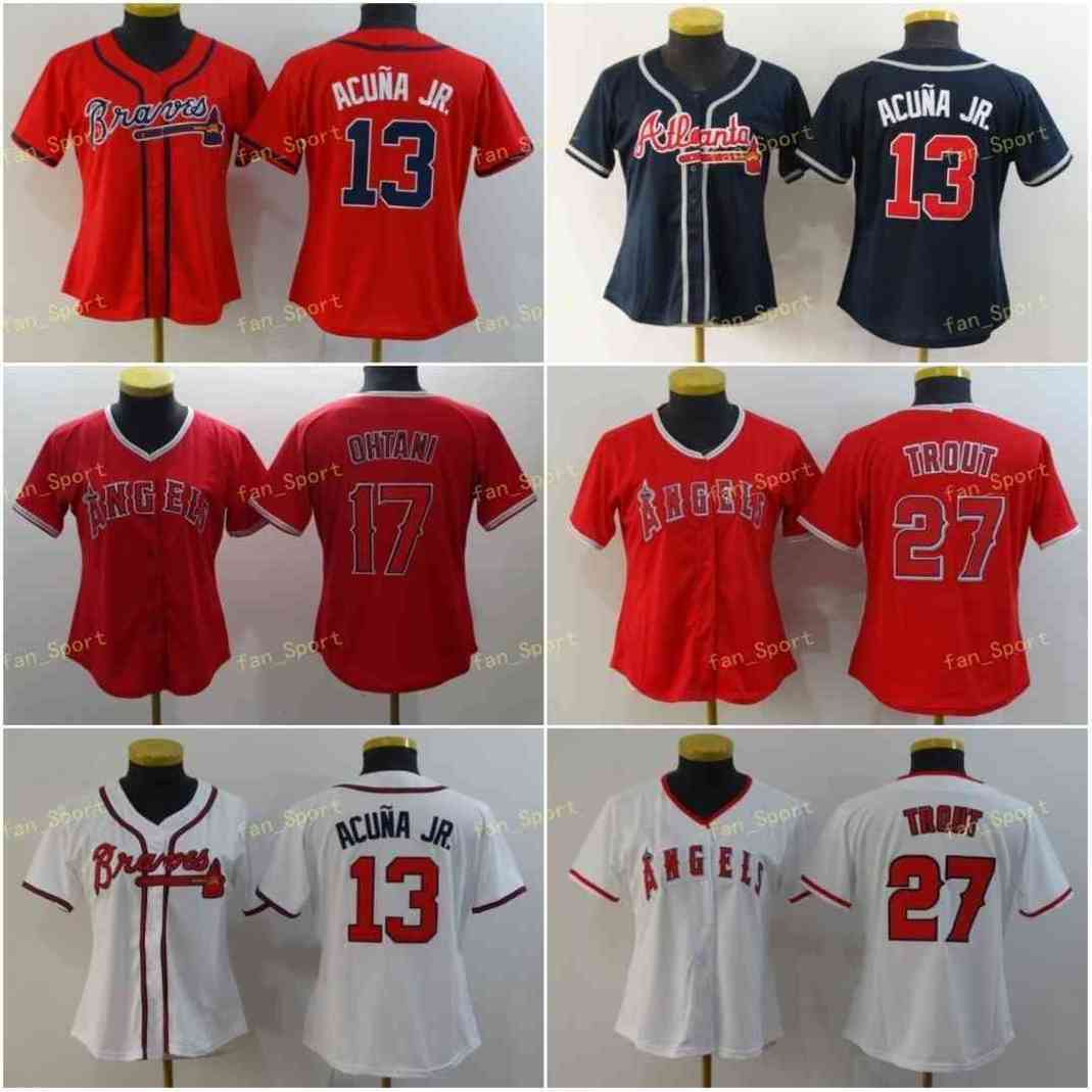 

Women 13 Ronald Acuna Jr Blank Baseball Jerseys 17 Shohei Ohtani 27 Mike Trout Blue White Red Grey Stitched Ladies S-2XL