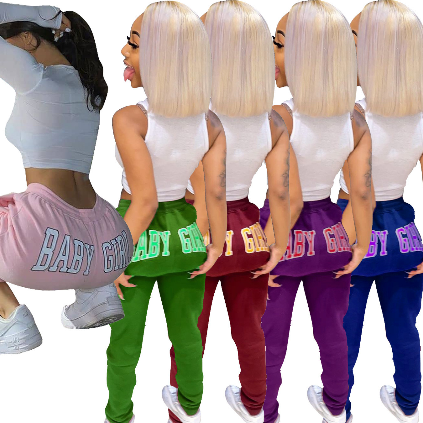 

New Selling Explosion Printed Fitness Moisture Wicking Clothes Running Suit Ladies Sports Tight Pants elastic belt sexy offset pants, Black;white