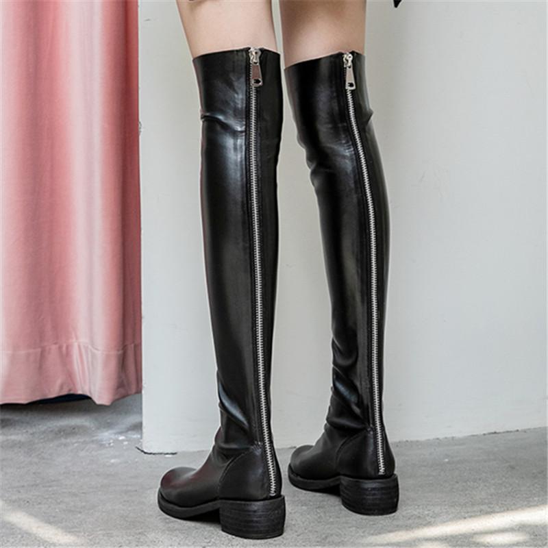 

Boots 2021 Arrival Women Over The Knee Genuine Leather Round Toe Zip Square Heels Shoes Woman Motorcycle, Black