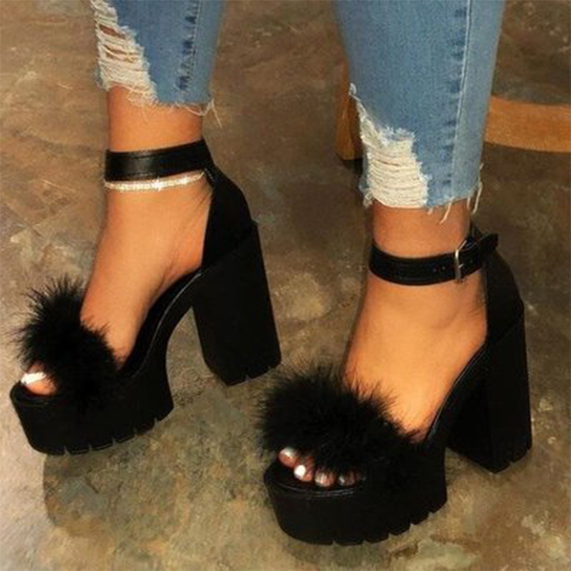 

Woman Furry Sandals High Heels with Fur Female Platform Pumps Women Ankle Strap Women's Wedge Shoes Summer Dropshipping 210226, Black
