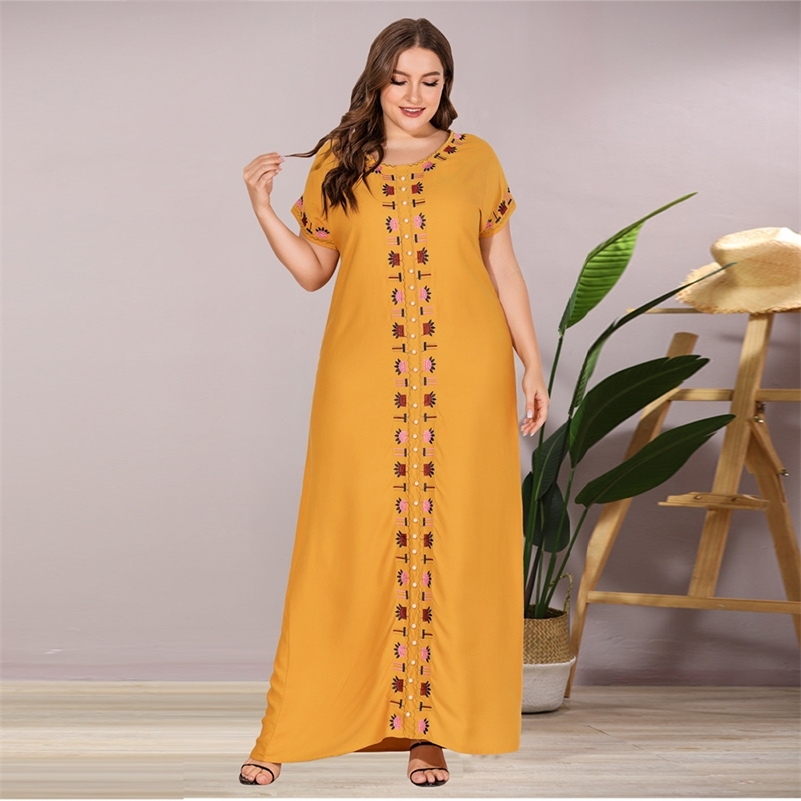 

Siskakia Plus Size Women Maxi Long Dress Fashion Loose Casual Embroidered Beaded O Neck Short Sleeve Arabian Dresses Summer 210315, Yellow dress