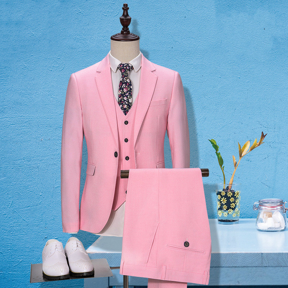 

Color Large Size Fashion Groom Wedding Single Row One Buckle Slim Suit Male Pieces Set Cnoi, Pink