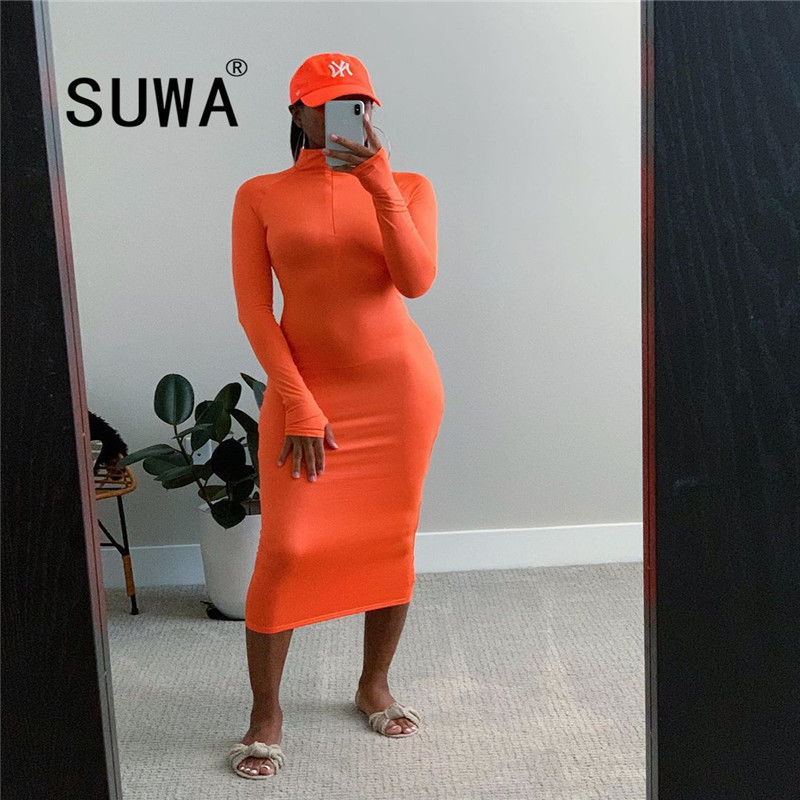 

Product Orange Dresses For Women Holiday Clothing Zipper High Waist Long Sleeve Bodycon Party Club Sexy 210525