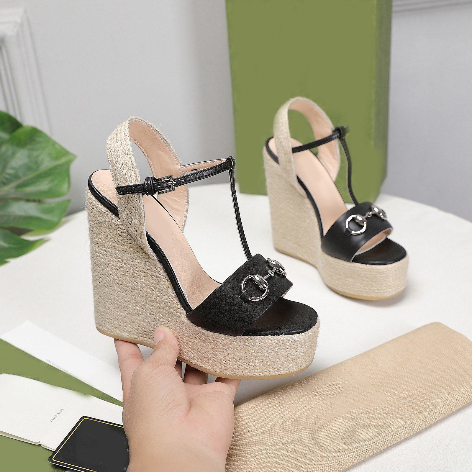 

13Cm heels Women straw shoe big size wedge sandals open toe gold color shoes fashion buckle sandal bottom pumps lady size 35-41, 04