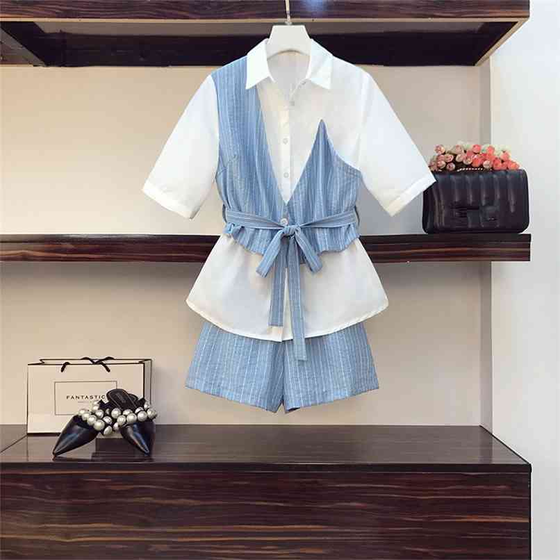 

Temperament Striped Stitching Two-piece set Female Summer OL Sashes Bow Fake Two Shirt High Waist Shorts Suits 210602, Blue