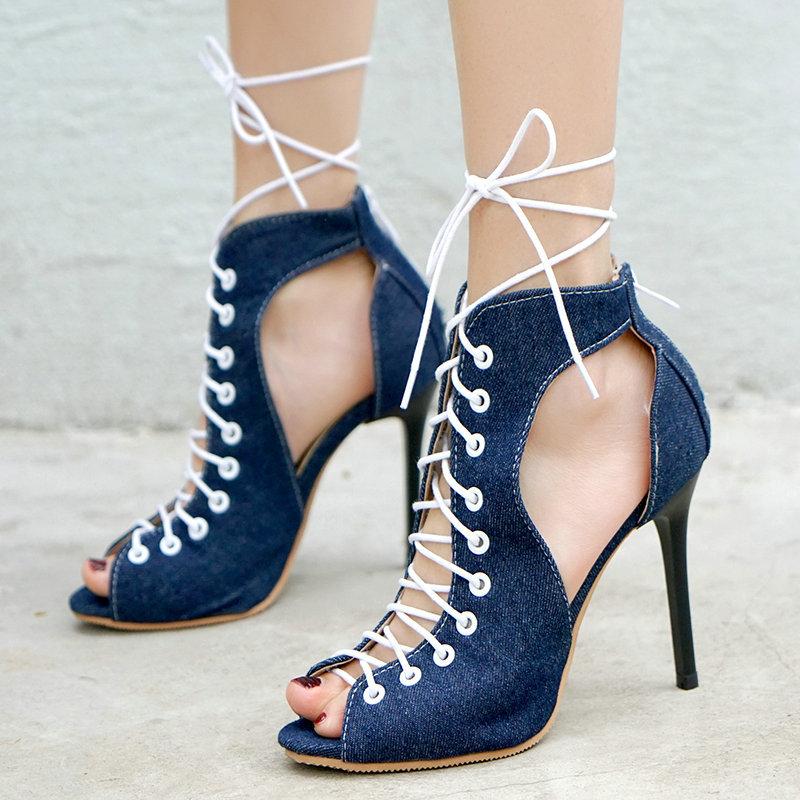

Sandals Stiletto Heels Large Size Female Shoe Denim Women's Shoes Shallow Mouth shoes Open Toe Summer High Ladies Woman Comfort