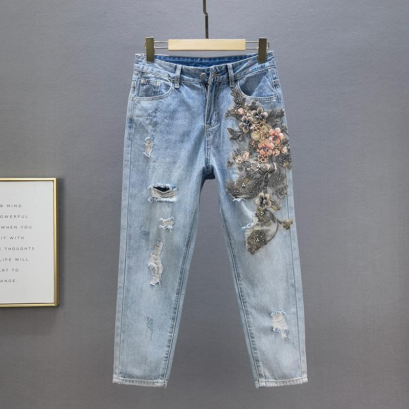 

Women's Jeans Ethnic Style Embroidered Fashion High Waist Loose Denim Trousers Ripped Beaded Cropped Pants For Spring Woman 2022, Blue