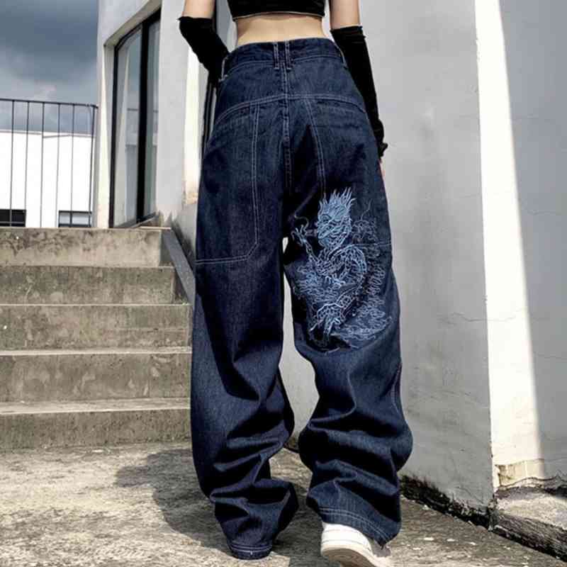 

American retro street loose embroidered jeans straight-leg women casual all-match high-waist mopping wide-leg trousers, Blue