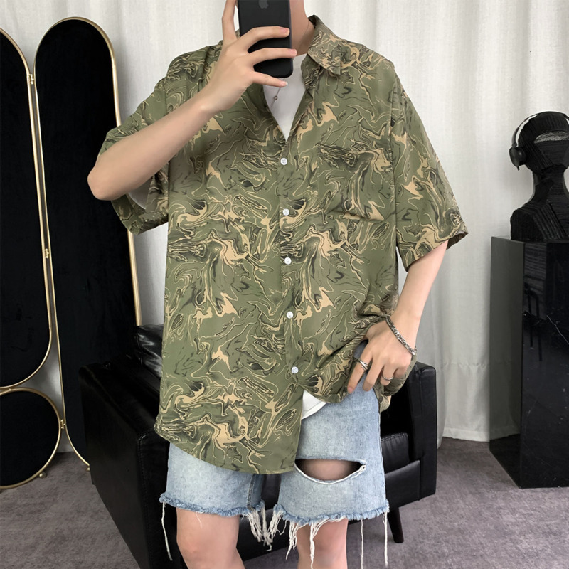 

2021 New Summer Cotton Men's Fashion Retro Printing Casual Shirt Men Streetwear Korean Loose Short Sleeve Shirts Mens M-2xl Qpp6, Yellow