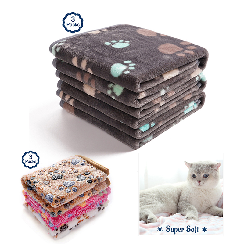 

3 Packs Pet Cat Banket er Soft Fuffy Premium Feece Paw Foot Print Warm Fanne Throw For Dog Puppy Cat, Paw grey