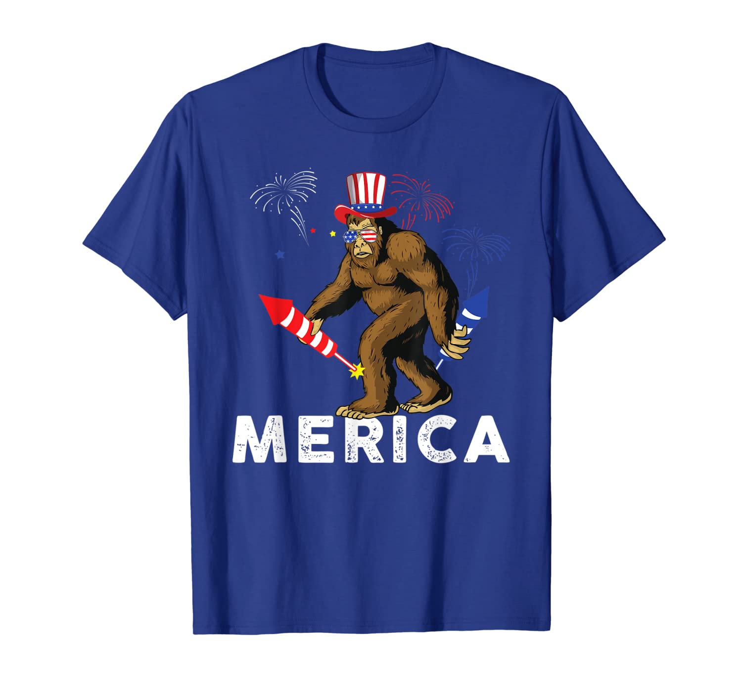 

Bigfoot Fireworks Merica TShirt 4th of July Sasquatch Gifts, White;black