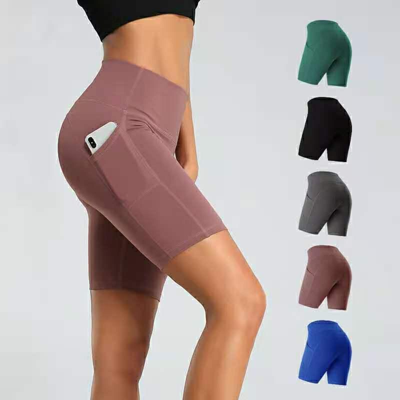 

European and American lu-88 same knee five point exercise pocket tight fitness quick dry high waist hip lifting YOGA SHORTS 003, Please mark the color