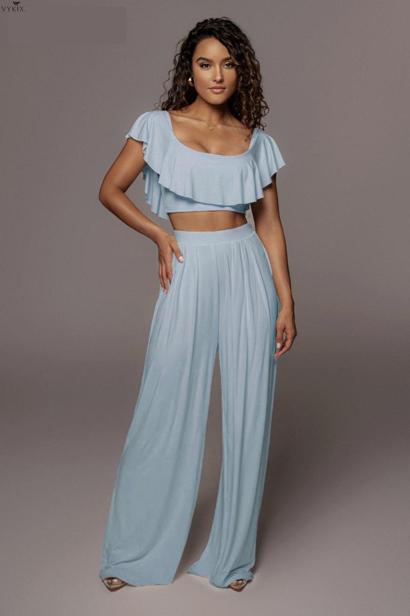 

Women' Two Piece Pants Fashion Women Set Solid Ruffles Short Sleeve O-neck Crop Tops Wide Leg 2 Sets Club Outfits Tracksuits Summer, Beige