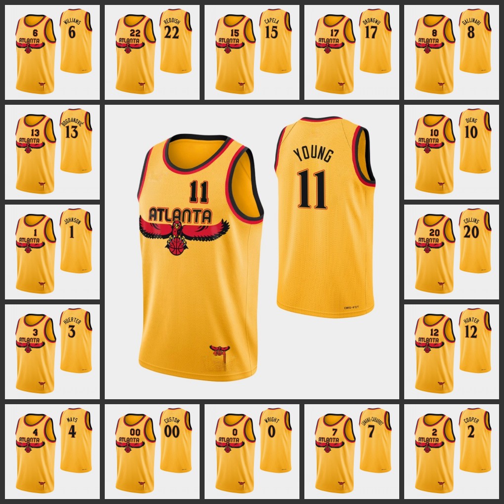 

Basketball Jersey Atlanta's Hawks's Lou Williams Trae Young De'Andre Hunter Cam Reddish Delon Wright 75th Anniversary Custom Gold Jerseys 1201, Nik logo