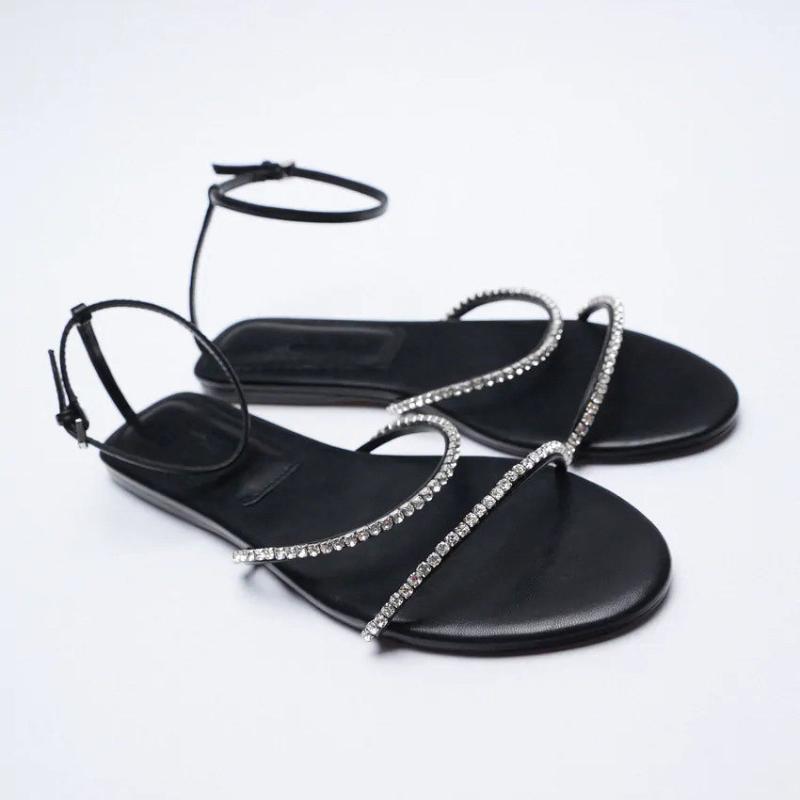 

Sandals 2021 Spring Black Women's Shoes Round Toe Bright Ribbon Flat Low Heel Ankle Wrap