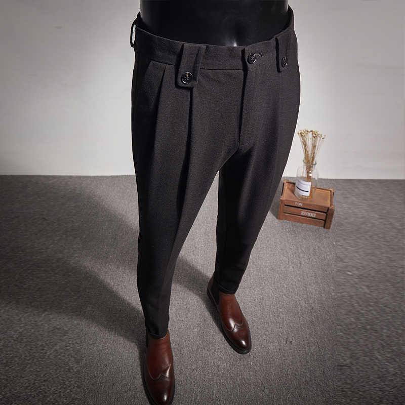 

Business Dress Pants Fashion Folds Casual Slim Fit Wedding Office Social Suit Pants Streetwear Trousers Costume Homme 210527, Khaki