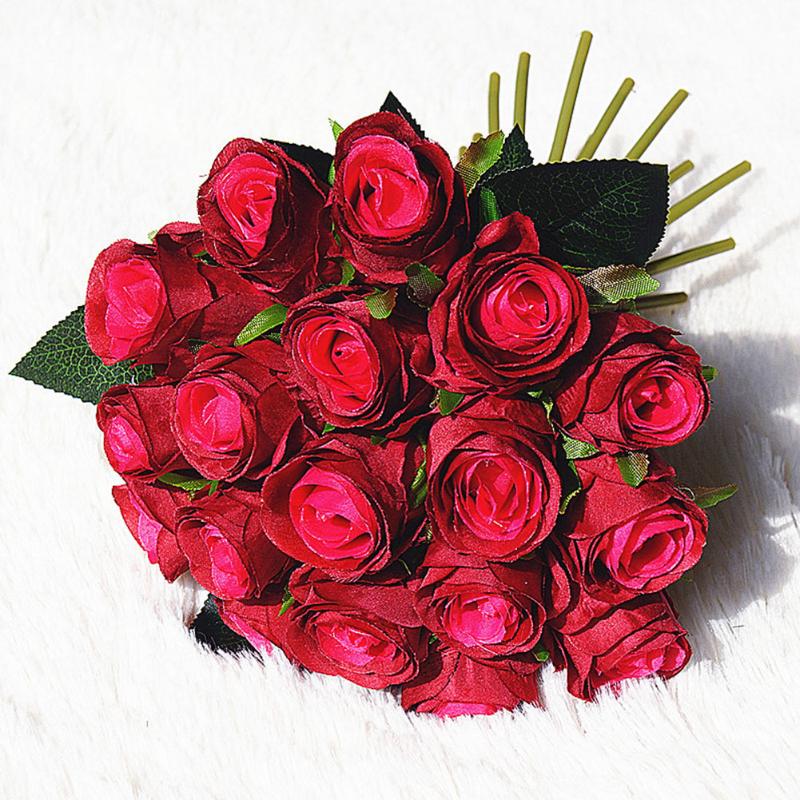 

18 Heads Home Decor Elegant Fake Party Wedding Bouquet Ornament DIY Silk Floral Living Room Garden Artificial Rose Bridal Flower, Black red