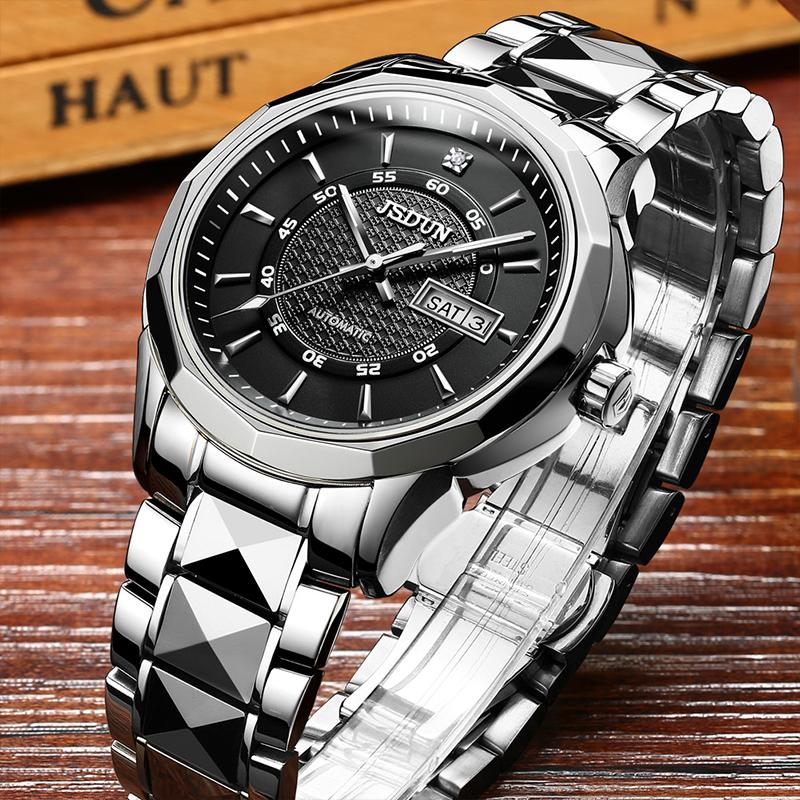 

Wristwatches JSDUN Fashion Mens Luxury Men Watch Tungsten Steel Movement Waterproof Mechanical Luminous Automatic Relogio Masculino 8014, Silver white