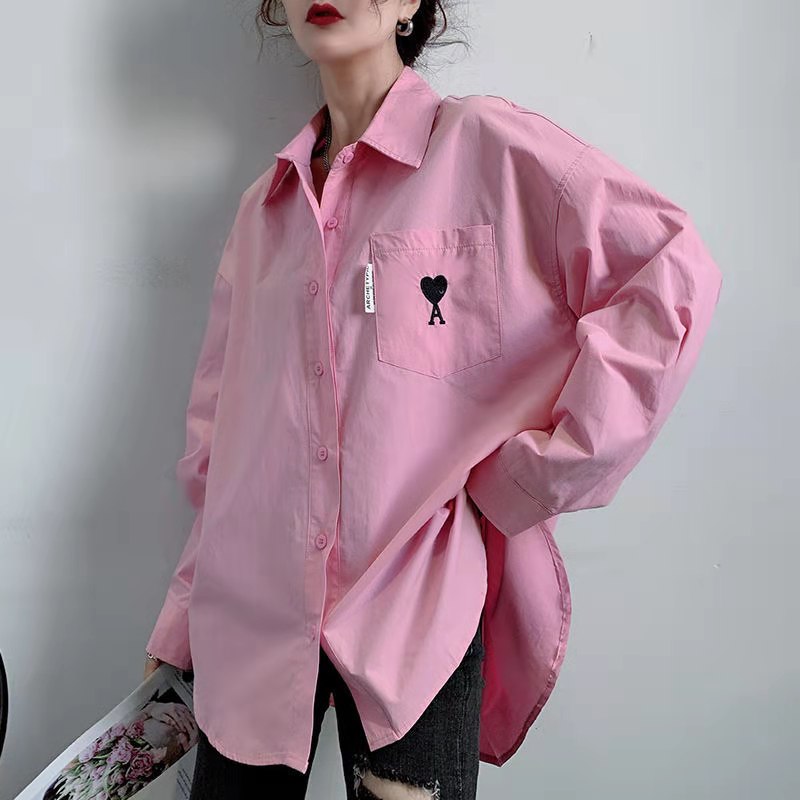 

Korean Style Spring Autumn Womens Blouse Fashion Heart Embroidery Cotton Fabric Shirt Single Breasted Loose Solid Blouse Lady, White