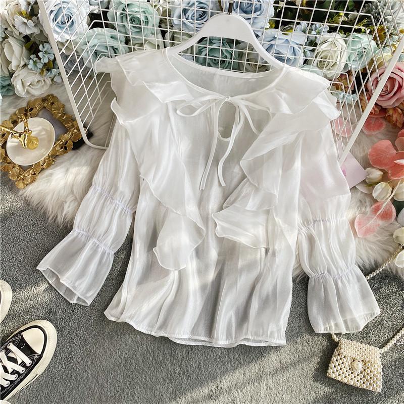 

Women's Blouses & Shirts HISUMA Spring Female Ruffled Collar Lace-up Bow Ruffles Chiffon Elegant Vintage Blouse Fairy Shirt, Black