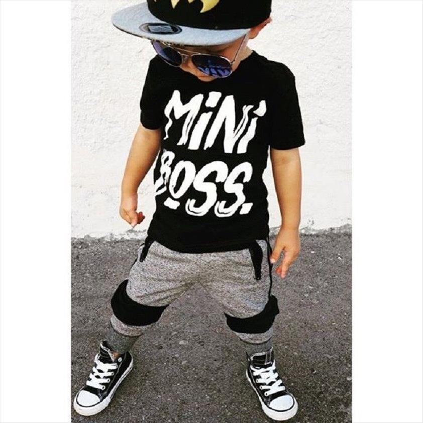 2 Pieces Toddler Boy Clothes Short Sleeve Mini Boss Print T Shirt And Pants Set Children Baby Outfit