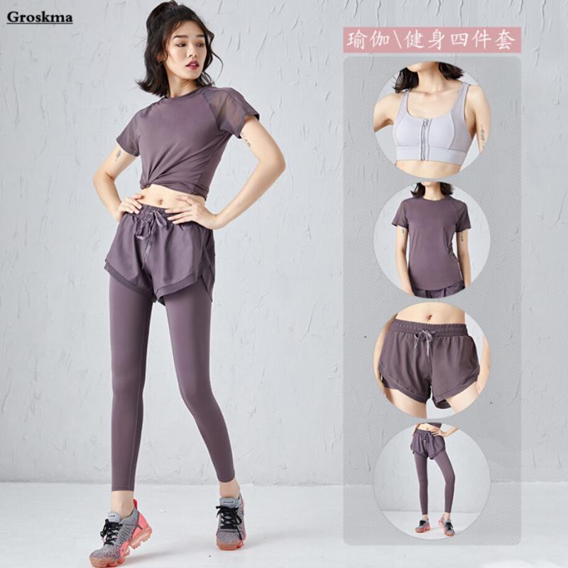 

Sportswear women 4 piece set mesh t shirt+bra+pants+shorts quick dry fitness gym clothing woman yoga suits sets ropa de mujer, 4 piece set a