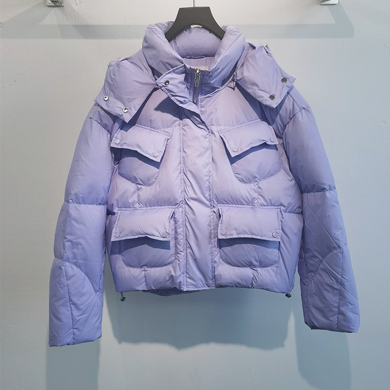 

2021 Coats Winter New Hooded Short Loose Purple Down Jacket Women 2paj, Black