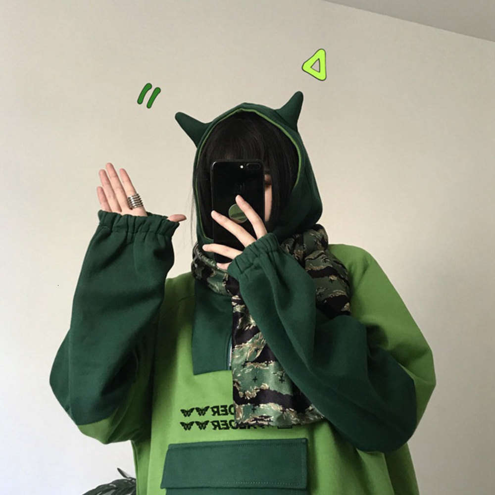 

Kpop Cosplay Sweatshirt With Ears Coat Korean Aesthetic Frog Anime Hoodie Female Red Green Long Sleeve Oversized Streetwear, Black