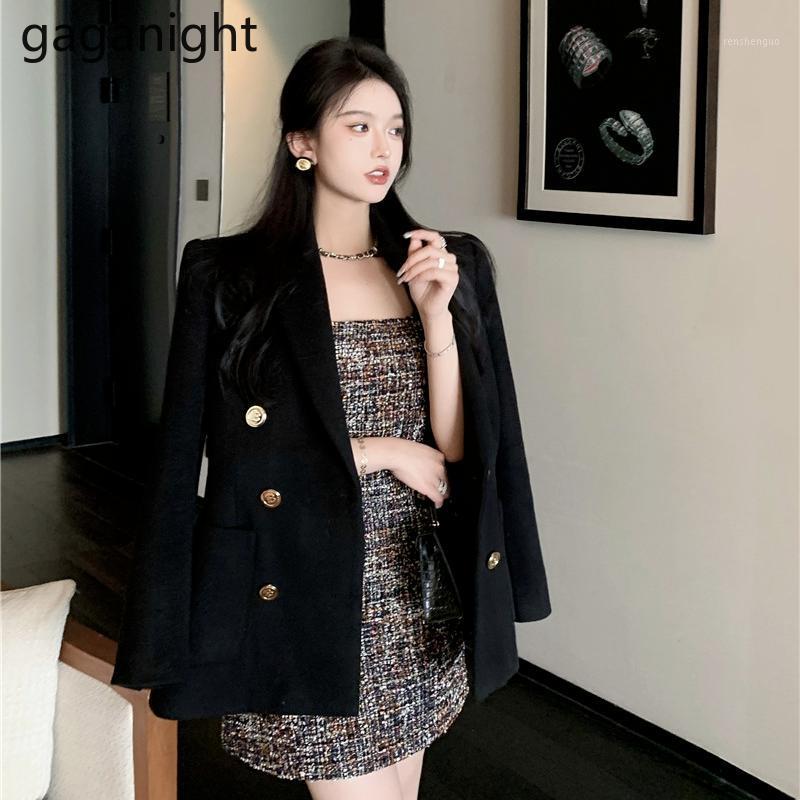 

Women's Wool & Blends Gaganight Women Mid-length Suit Collar Loose Tweed Black Woolen Coat Female 2021 Autumn Winter French Double-breasted, Dress