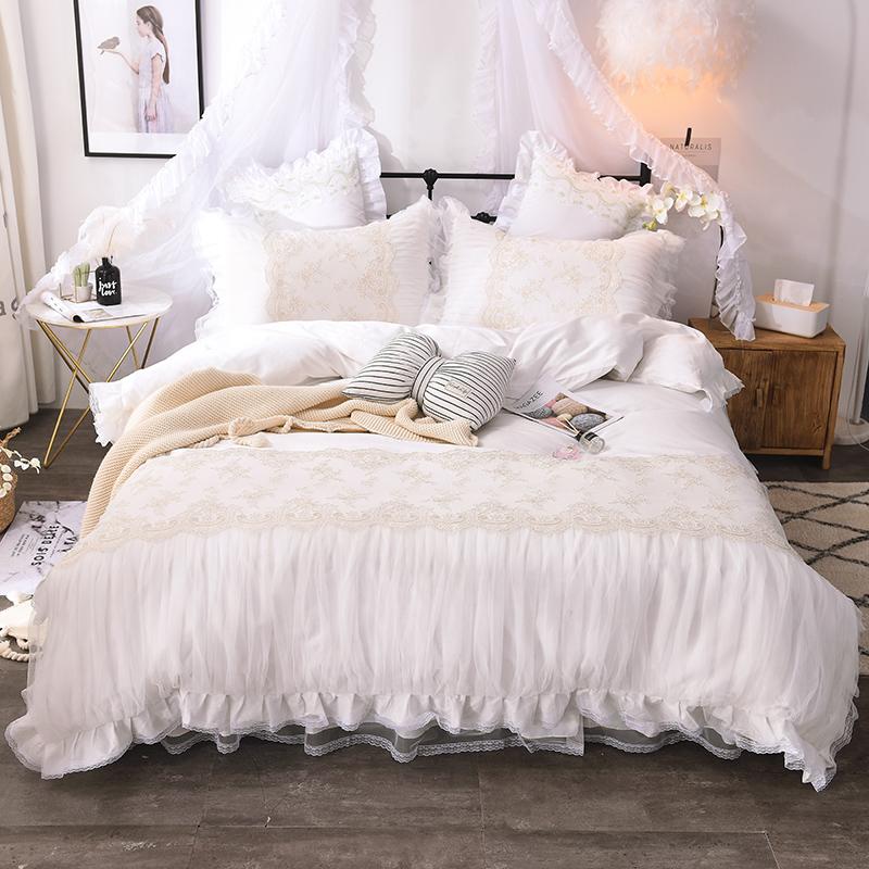 

Bedding Sets Korean Princess Style Cotton Bed Skirt European Lace White Quilt Cover Embroidered Set Pillowcase  Queen King 40Pcs