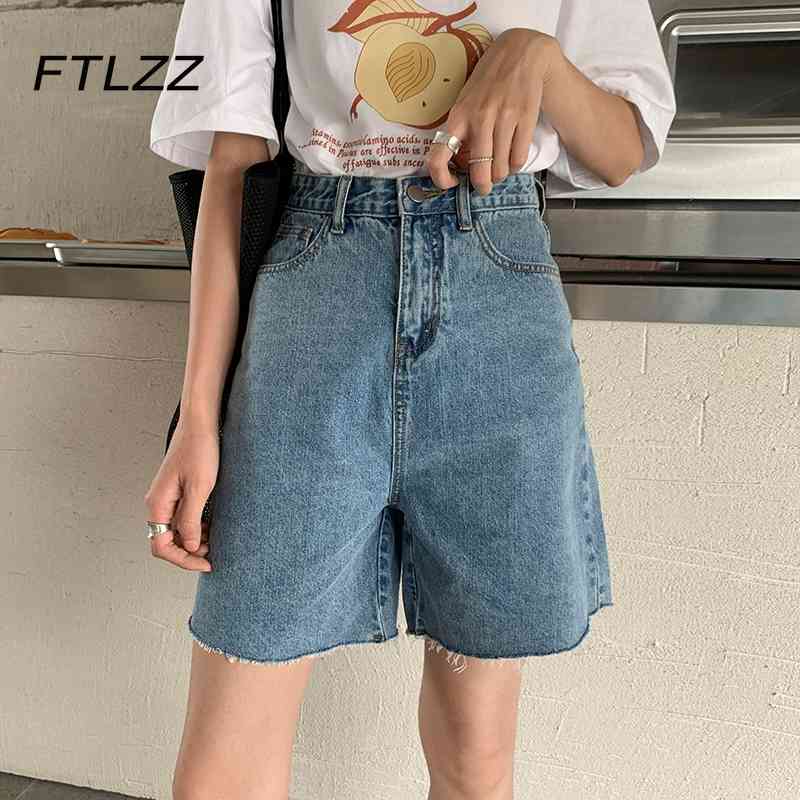 

Woman Streetwear Style Blue High Waist Straight Denim Shorts Summer Loose Casual Wide-leg Pants Knee Length 210602