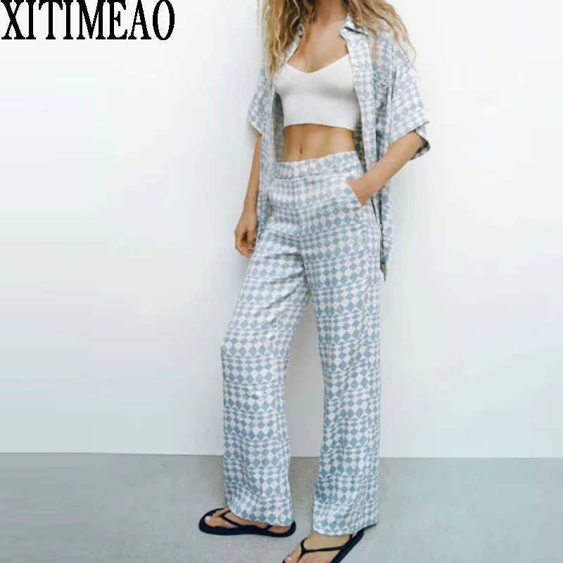 

ZA Spring Summer Women Retro Printing Simple Style Short Long Sleeve Shirt And High Waist Casual PpantsXITIMEAO 210602, Trousers