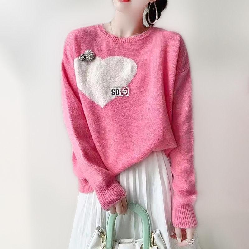 

Women's Sweaters Love Crew Neck Pullover Sweater Age Reduction Sweet Loose Versatile Long Sleeve, White;black