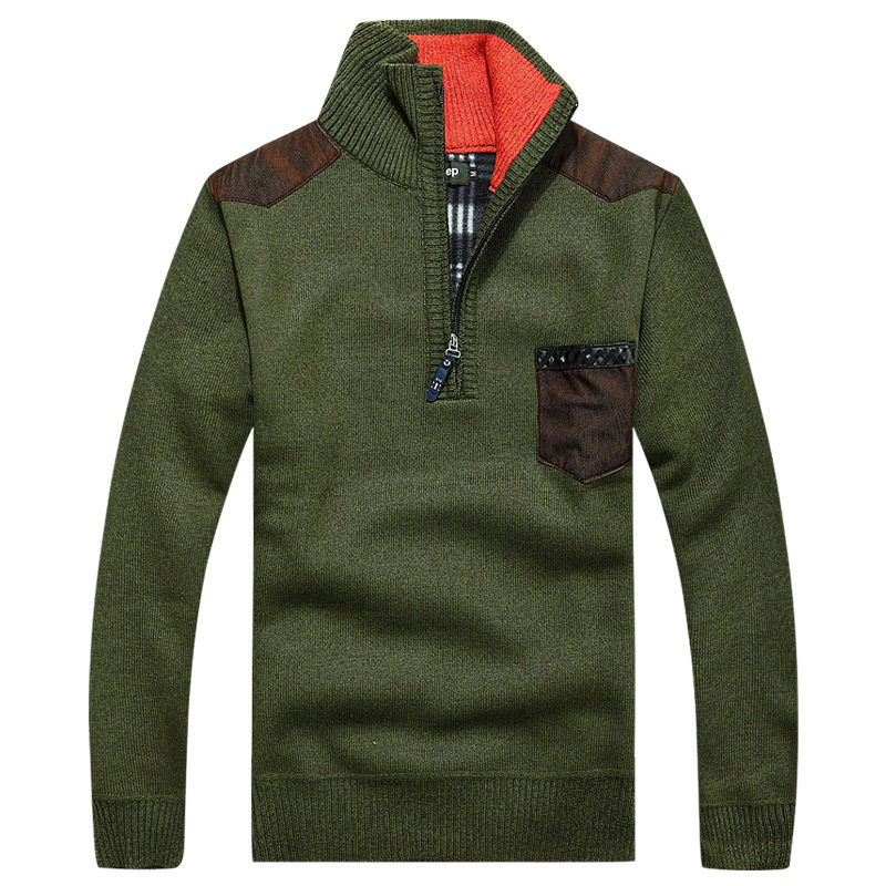 

2021 New Autumn Men's Turtleneck Winter Half Zip Fleece Knitted Wool Pullovers Long Sleeve Pocket Casual Thick Sweater Male Kb1g, Army green