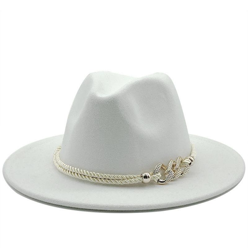

Wide Brim Hats 2021 Autumn Winter Black White Pink Solid Woolen Felt Fedora Hat With Chain Fashion Jazz Panama Vintage, Army green