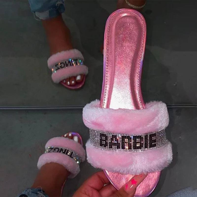 

Pink Cute Autumn Spring Winter Woman Slippers Flat Furry Slides Open Toe Rhinestone Flip Flops Fuzzy Ladies Shoe Slipper Female, Black