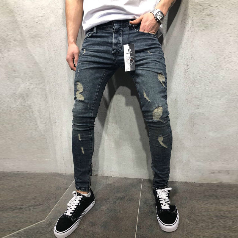 

2021 New Slim Spring Long Pencil Pants Ripped Hole Men's Fashion Thin Ny Jeans for Men Hiphop Trousers Clothes Clothing La95, 103gray