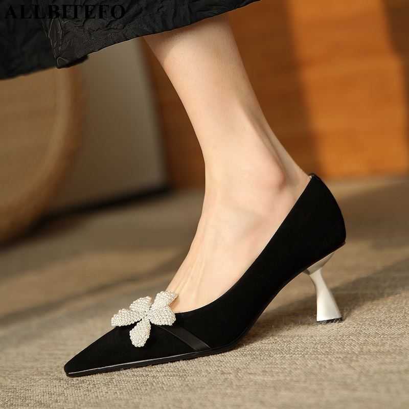 

ALLBITEFO string bead design soft sheepskin genuine leather high heels fashion party wedding shoes high heel shoes women heels 210611, As picture