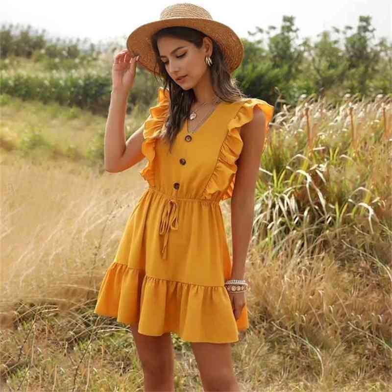 

Casual Dress Female Sundress Sleeveless Ruffled Lace-up Button Summer For Women Sweet Waist A-line Slim Midi es 210701, Green