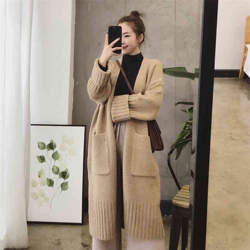 

Autumn Winter Thick Loose Sweater Cardigan Korean Fashion V-neck Long Sleeve Solid Wild Double pocket Knitted Coat Outwear 210602, Picture color
