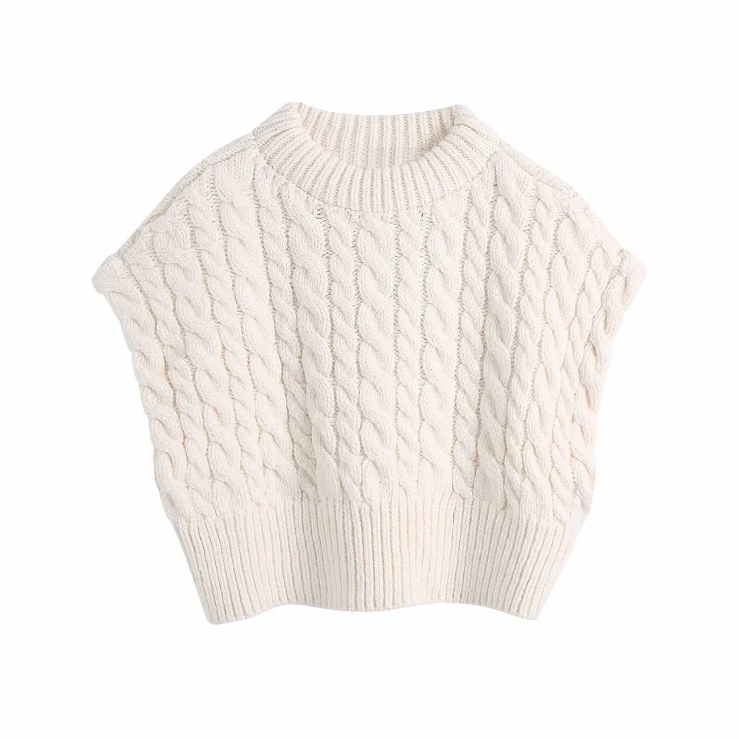

Women Cable-Knit white Sweater Vest Wide Shoulder Warm Woman Knitted Cropped Sweaters Casual Fashion Pullover Tops 210709