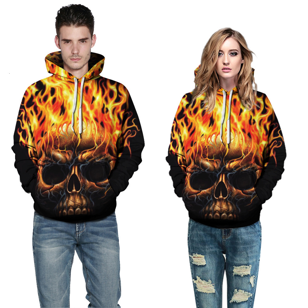 

Hoodie Fleeces Sweater HoodyNew flame skull Hoodie 3D digital printing long sleeve Pullover for lovers in autumn and winter of 2021, Fire skeleton